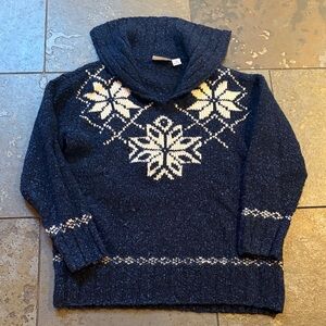 Vintage Liz Claiborne Dark Blue Cowl Neck Sweater with Snowflake Design
